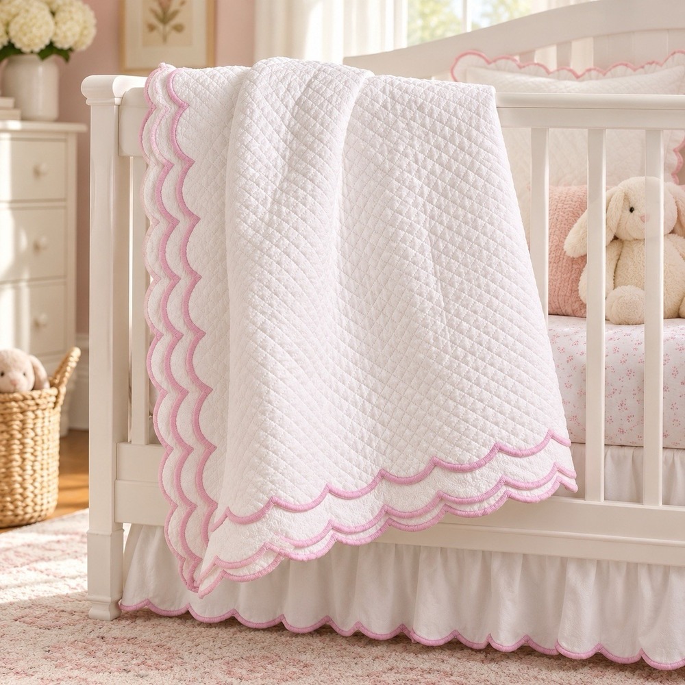 Vtg Pottery Barn Kids Crib Skirt Quilted Pink Scalloped Edge Girl Dust Ruffle